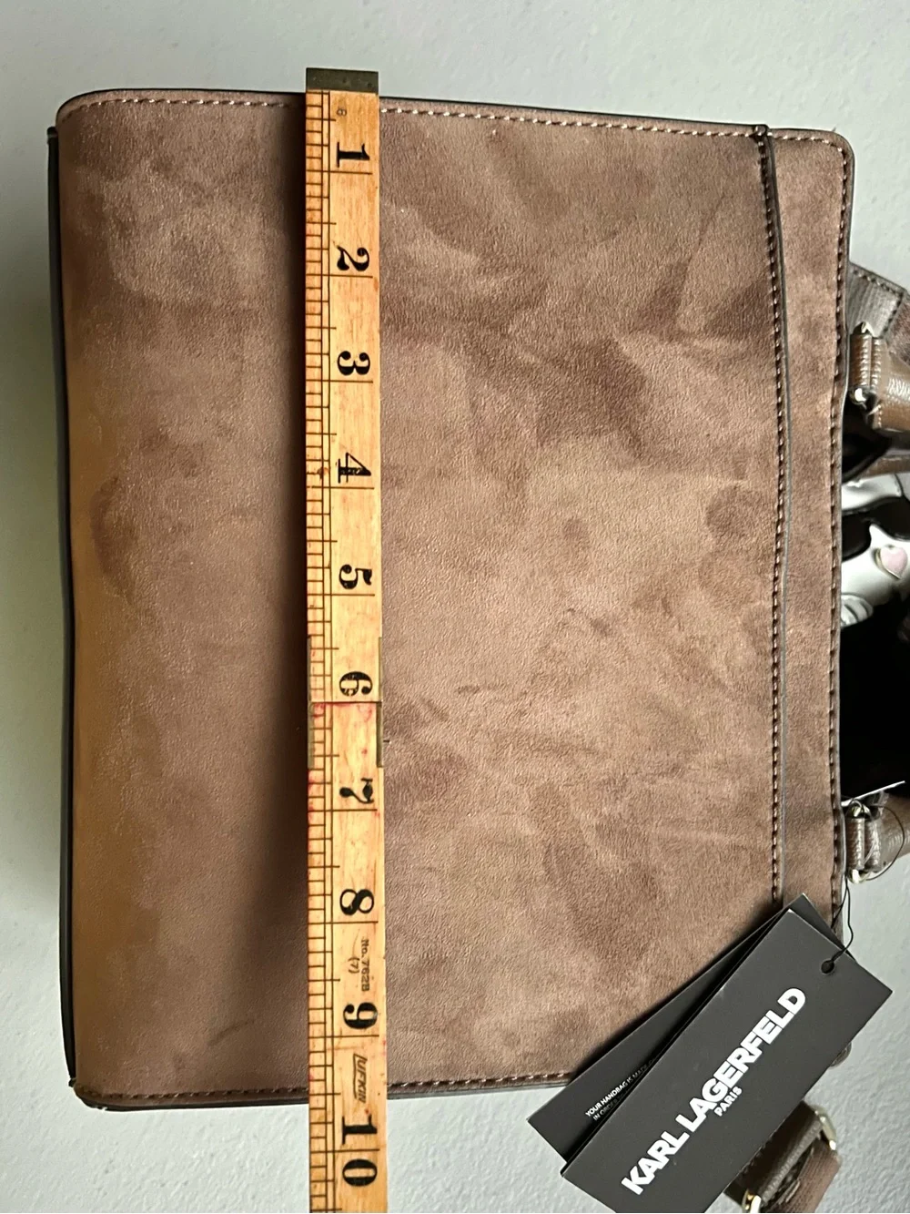 Karl Lagerfeld Brown Faux Suede & Leather Satchel/Crossbody with Choupette Pom